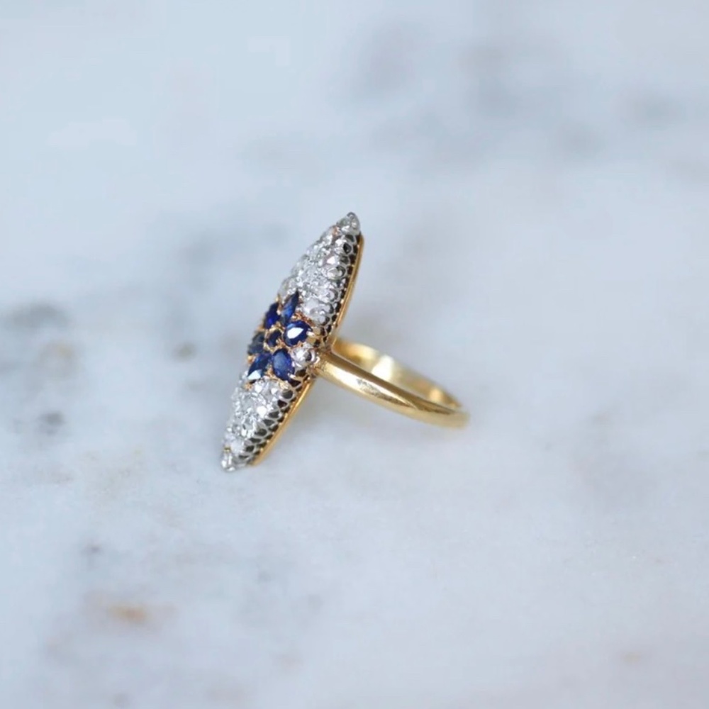 French Antique Diamond and Sapphires Marquis Flower Ring - Picture 5 of 6